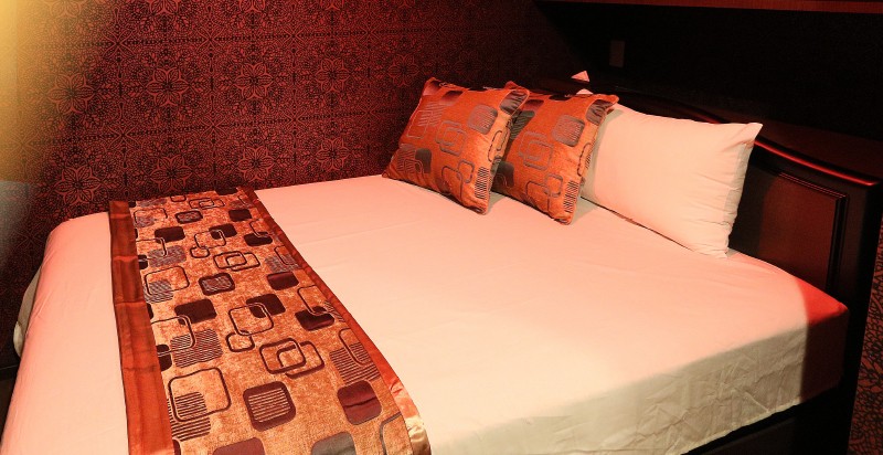 A private room at Oasis Kinshicho with a double bed and crimson patterned wallpaper