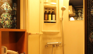 Shower with toiletries on the shelf
